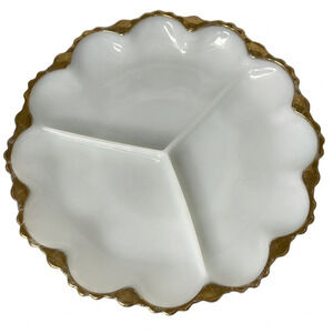 VINTAGE White Milk Glass Scallop Gold Rim Serving Dish 3 Section